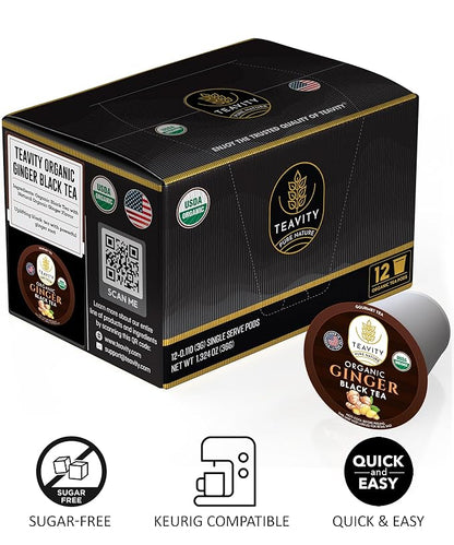 Organic Ginger Tea Pods for Keurig with Unsweet Black Tea for K Cup Brewing - Ginger Black Tea by Teavity (24 Tea Pods)