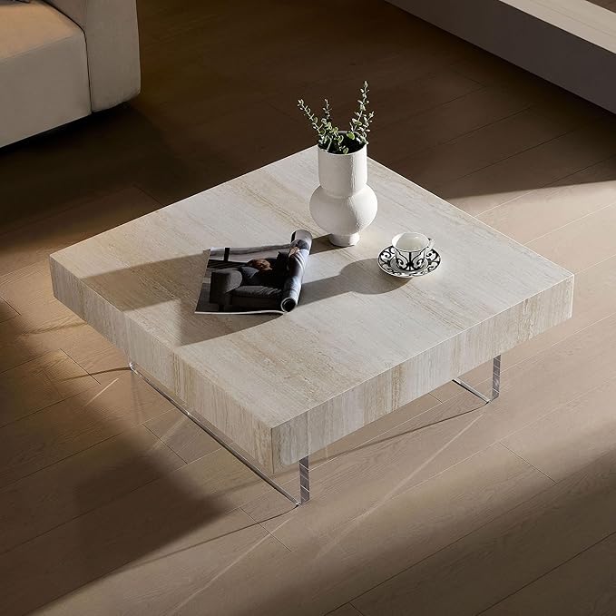 Drum Coffee Table Modern MDF Wooden Tea Table Living Room Square Coffee Table with Acrylic Legs and Marble Grain TopNo Need Assembly