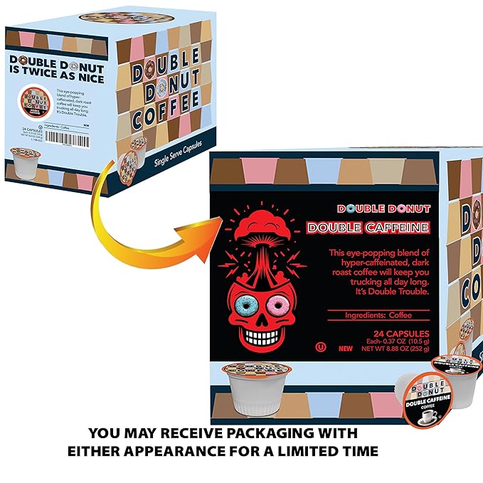 Double Donut Coffee High Caffeine Coffee Pods, Extra Strong Double Caffeine Coffee Cups for Keurig K Cup Brewer Machines Single Serve Dark Roast Coffee, 24 Count