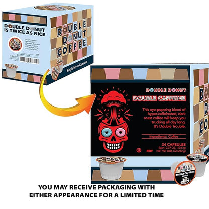 Double Donut Coffee High Caffeine Coffee Pods, Extra Strong Double Caffeine Coffee Cups for Keurig K Cup Brewer Machines Single Serve Dark Roast Coffee, 24 Count