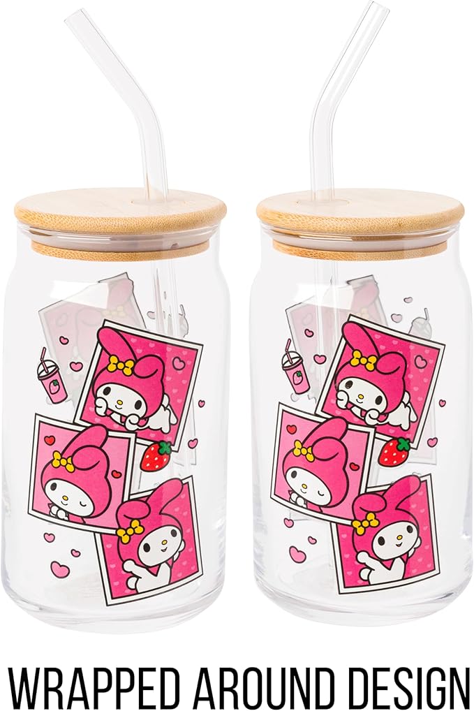 Silver Buffalo Sanrio Hello Kitty and Friends My Melody Polaroids Glass Jar Tumbler with Bamboo Lid and Glass Straw, 16 Ounces