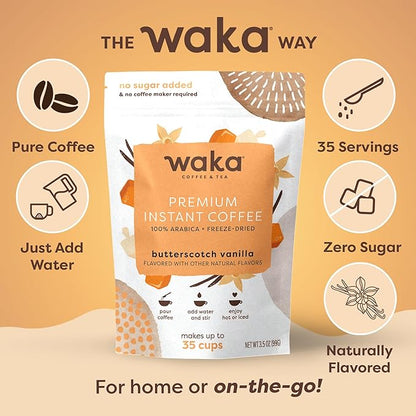 Waka Premium Instant Coffee — Butterscotch Vanilla Flavored — 100% Arabica Freeze Dried Beans — For Hot or Iced Coffee (3.5 Ounces Pouch)
