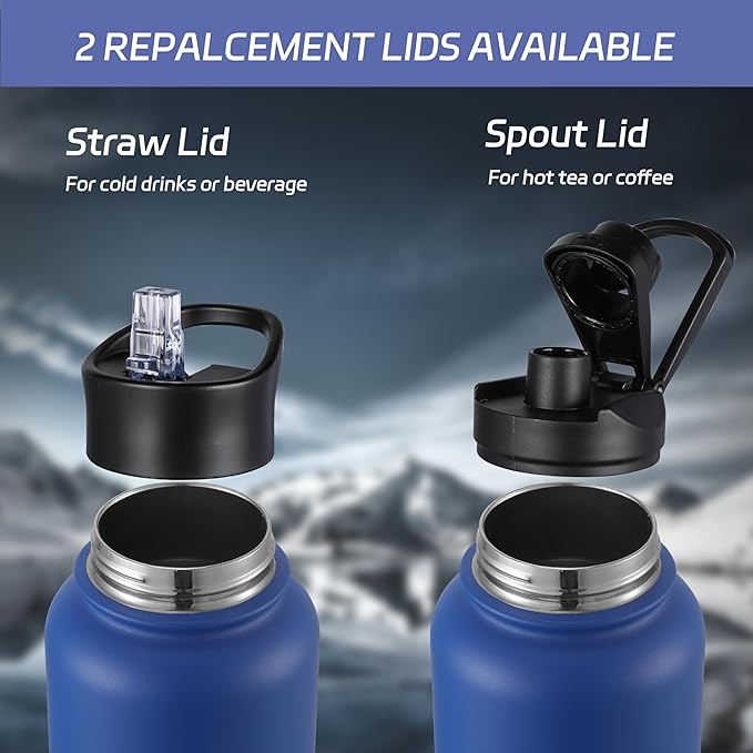 HASLE OUTFITTERS 32 oz Insulated Water Bottle Stainless Steel Double Walled Vacuum Sports Water Bottle with 2 Lids (Straw and Spout Lid) for Gym Camping Hiking(Royal Blue,1)