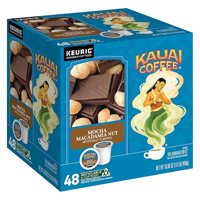 Kauai Coffee K-Cup Pods for Keurig Brewers – Arabica Coffee, 10% Hawaiian – Medium Roast, Savory and Chocolatey Aroma – Mocha Macadamia Nut, 1 Pack of 48 Single Serve K-Cups