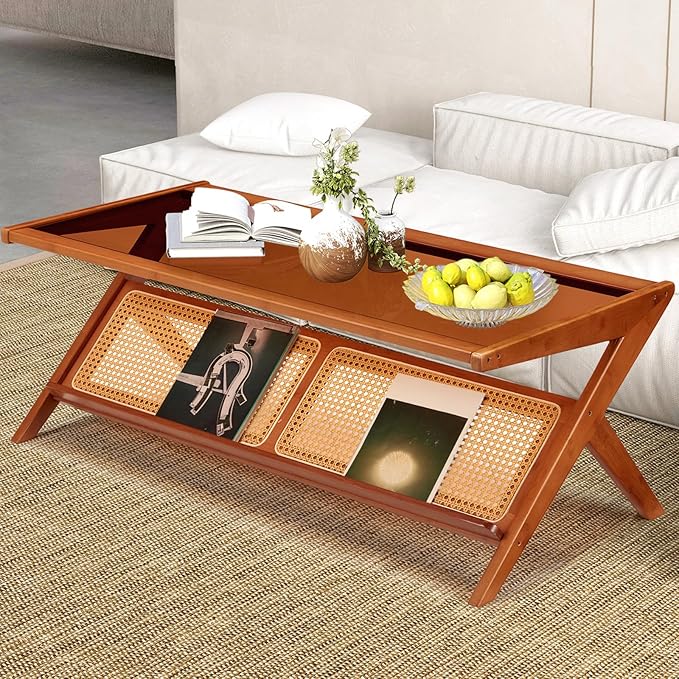 47" Mid-Century Modern Coffee Table with Glass Top, Bamboo Accent Bedside Tables, Glass Nightstand Side Table and Boho Wooden End Table with Storage for Living Room Table Brown