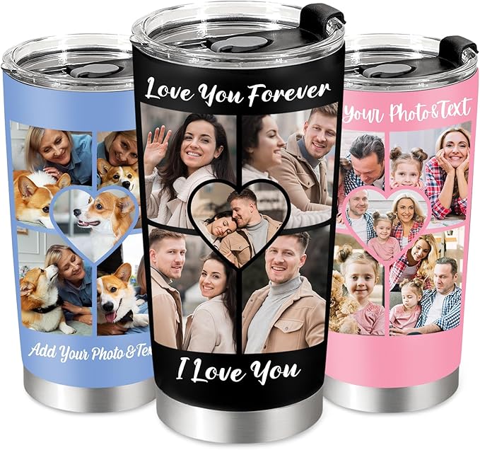 Personalized Tumbler with Pictures Text, Custom Photo Stainless Steel Coffee Tumbler, Coffee Travel Mug Cup 20 Oz Custom Gifts for Fathers Day Christmas Birthday for Dad Mom Kids