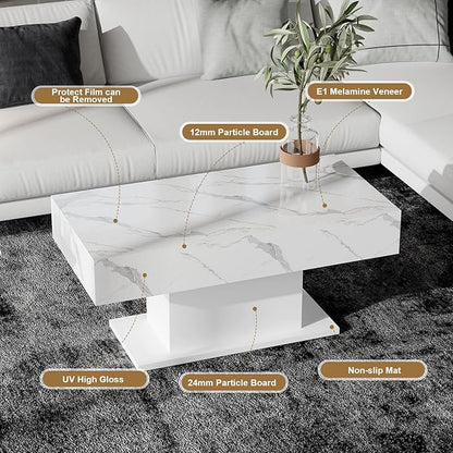 Led Coffee Table for Living Room, Living Room Table Rectangular Center Table, Modern High Glossy Wooden Coffee Tables with 16 Colors LED Lights for Dining Reception Room, White Marble