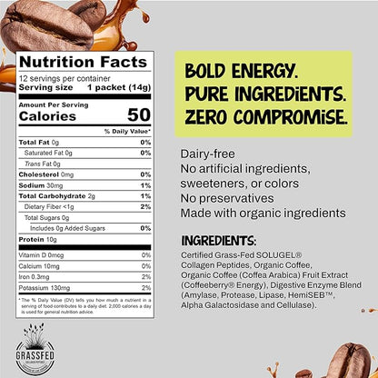 Projo* Power Coffee – Instant Coffee with 10g Protein - Grass-Fed Hydrolyzed Bovine Collagen & 225mg Caffeine – Organic, Unsweetened, Medium Roast – Bold Black – 12 Single-Serve Packets