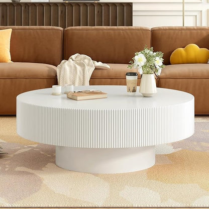 31.5 Inch Round Drum Coffee Table, Modern Handcraft Fluted Drum Coffee Table, Wooden Round Coffee Table Center Table Cocktail Table with Stable Pedestal for Living Room Apartment (White)