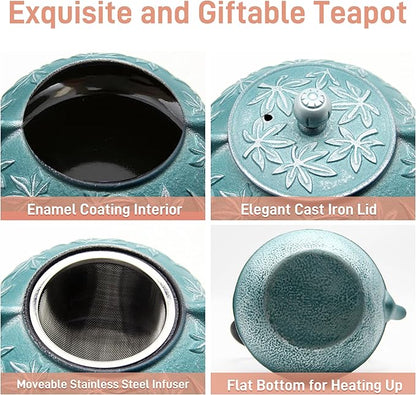 30.4oz Small Cast Iron Teapot Tea Kettle with Stainless Steel Infuser for Stovetop Safe Coated with Enameled Interior Japanese Tetsubin with Maple Leaves Pattern(30.4oz/900ml)