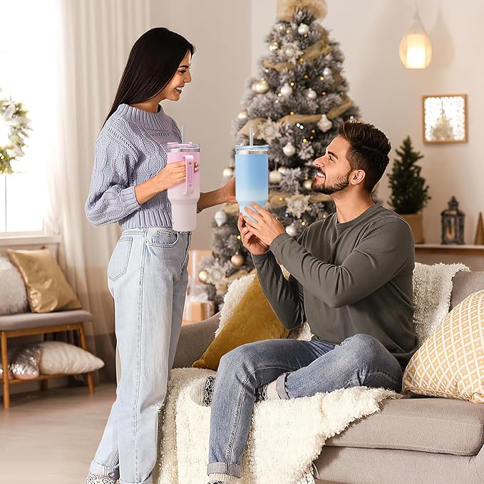 COKTIK 40 oz Tumbler With Handle and Straw Lid, Vacuum Insulated Travel Coffee Mug Stainless Steel Insulated Cup for Beverages, Leak-proof, Cupholder Friendly (Sakura)