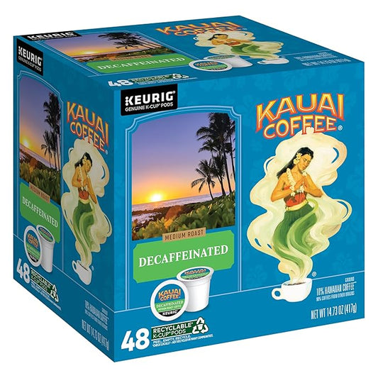 Kauai Coffee K-Cup Pods for Keurig Brewers – Arabica Coffee, 10% Hawaiian – Medium Roast, Bright Aroma with Floral Notes – Decaf, 1 Pack of 48 Single Serve K-Cups