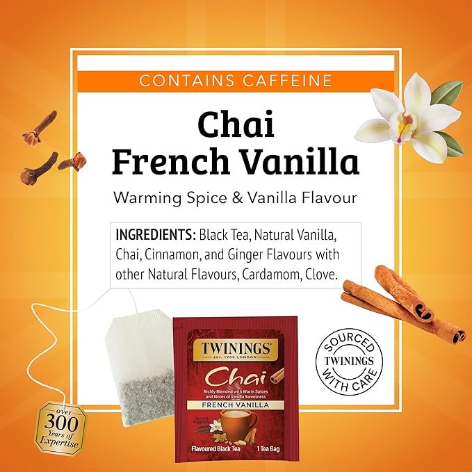 Twinings French Vanilla Chai Black Tea Individually Wrapped Bags, 20 Count (Pack of 1), Warm, Sweet & Spicy, Caffeinated, Enjoy Hot or Iced, 20 Teabags
