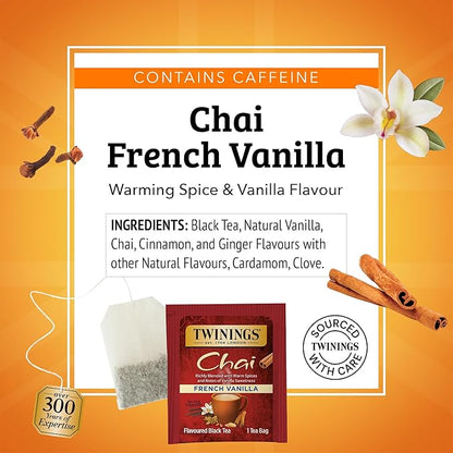 Twinings French Vanilla Chai Black Tea Individually Wrapped Bags, 20 Count (Pack of 1), Warm, Sweet & Spicy, Caffeinated, Enjoy Hot or Iced, 20 Teabags
