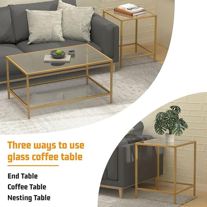 Coffee Table Set of 2,Gold Glass Nesting Coffee Side End Table,Square Modern Center Table for Living Room,Bedroom and Small Spaces,Tempered Glass-top with Sturdy Metal Frame, Easy Assembly