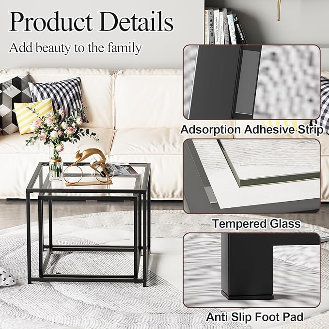 VILAWLENCE Coffee Table Set of 2, Modern Black Glass Side Table, Metal Frame Square End Table, Center Tables, Nesting Coffee Table for Living Room, Bedroom and Small Spaces, 23.6in