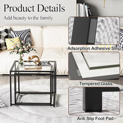 VILAWLENCE Coffee Table Set of 2, Modern Black Glass Side Table, Metal Frame Square End Table, Center Tables, Nesting Coffee Table for Living Room, Bedroom and Small Spaces, 23.6in