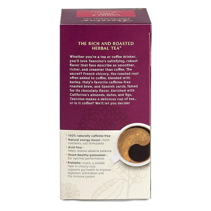 Teeccino Vanilla Nut Herbal Tea, 25 Tea Bags - Rich & Roasted Herbal Tea That’s Caffeine Free & Prebiotic for Natural Energy, 3X more Herbs, Acid Free, Great Hot or Iced