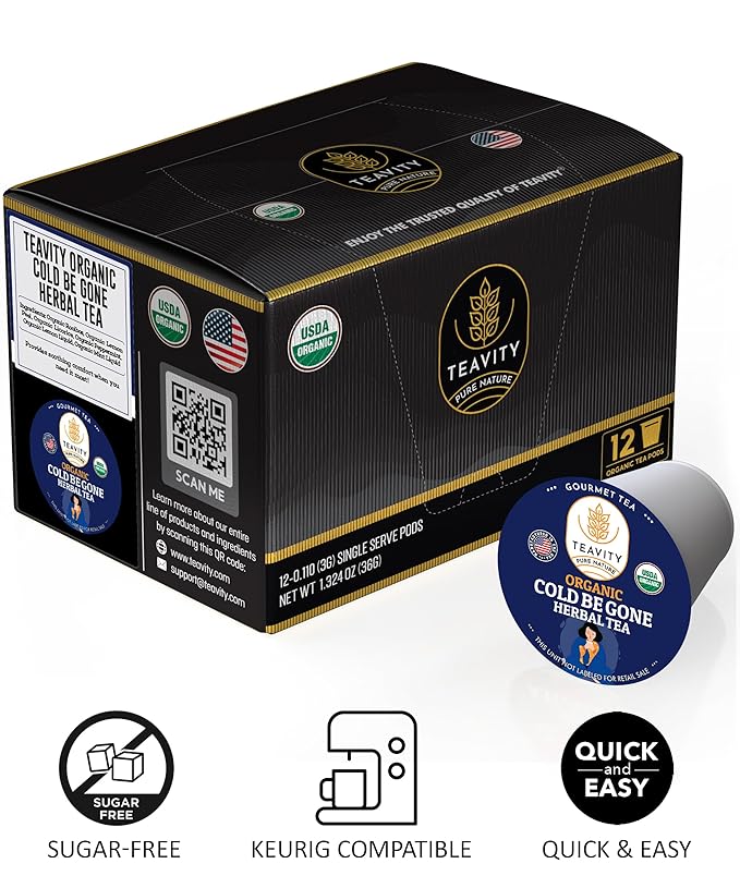Organic Rooibos Tea Pods for Keurig with Lemon, Mint, Licorice - Unsweetened Decaf Tea for K Cup Brewing - Cold Be Gone by Teavity (24 Tea Pods)