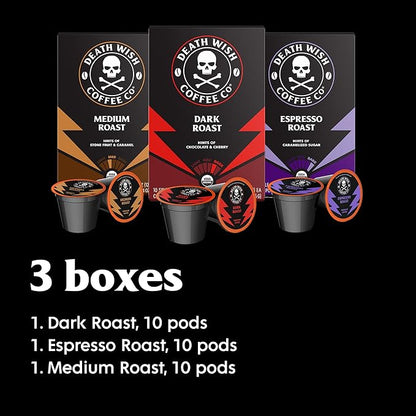 Death Wish Coffee, Single Serve Coffee - 10 Each of Medium, Dark, and Espresso Roast - Mixed Roast Variety Pack