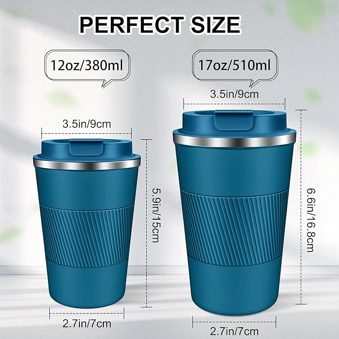 Coffee Travel Mug 12 oz & 17 oz Insulated Coffee Mug with Lid Portable Spill-Proof Coffee Travel Mug No Handle Reusable Stainless Steel Mug Keeps Cold and Hot Suitable for Car, Daily, Travel and Gifts