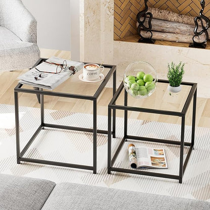 VILAWLENCE Coffee Table Set of 2, Modern Black Patterned Glass Side Table, Metal Frame Square End Table, Center Tables Nesting Coffee Table for Living Room,Bedroom and Small Spaces
