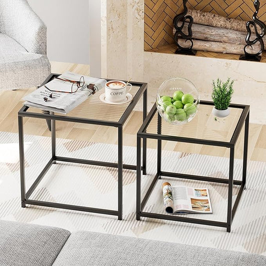 VILAWLENCE Coffee Table Set of 2, Modern Black Patterned Glass Side Table, Metal Frame Square End Table, Center Tables Nesting Coffee Table for Living Room,Bedroom and Small Spaces