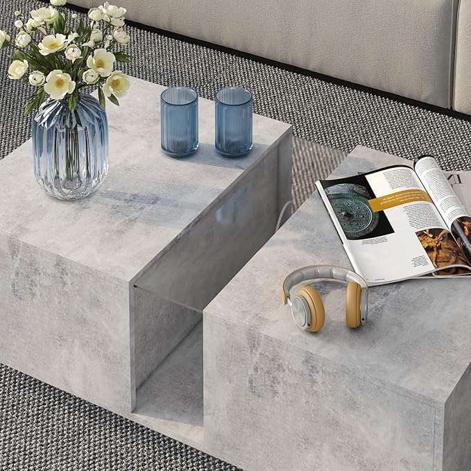 Grey Led Coffee Table for Living Room, Rectangular Living Room Table with Storage, Acrylic Coffee Tables with 2 Sliding Drawers, Wood Center Table for Reception Dinning Room