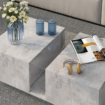 Grey Led Coffee Table for Living Room, Rectangular Living Room Table with Storage, Acrylic Coffee Tables with 2 Sliding Drawers, Wood Center Table for Reception Dinning Room