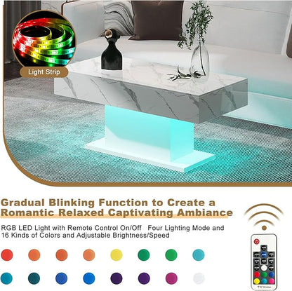 Led Coffee Table for Living Room, Living Room Table Rectangular Center Table, Modern High Glossy Wooden Coffee Tables with 16 Colors LED Lights for Dining Reception Room, White Marble