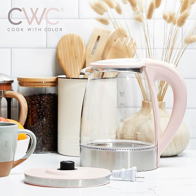 COOK WITH COLOR Electric Tea Kettle, 1.8L Cordless Hot Water Boiler, 1200W Rapid Boil, Auto Shutoff & Boil Dry Protection, BPA-Free, Sleek Countertop Design, Blush