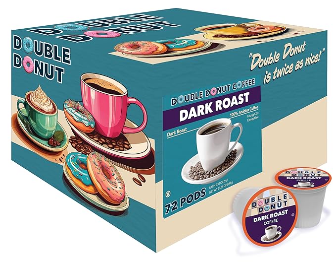 Double Donut Extra Bold Blend Dark Roast Coffee Pods, Dark Roast Coffee, Compatible with Keurig K Cups Brewers, 72 Count