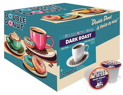 Double Donut Extra Bold Blend Dark Roast Coffee Pods, Dark Roast Coffee, Compatible with Keurig K Cups Brewers, 72 Count