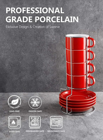 Sweese 8 Ounce Porcelain Stackable Cappuccino Cups with Saucers and Metal Stand - for Specialty Coffee Drinks, Cappuccino, Latte, Americano and Tea - Set of 4, Red