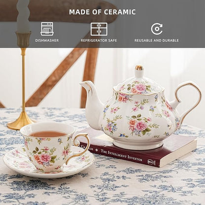Flower Ceramic Teapot,22oz Porcelain Tea pot for Tea Coffee Milk for Office Home Men Women as Gift(White and small flowers)