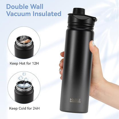 HASLE OUTFITTERS Insulated Water Bottle 22 oz Double Wall Stainless Steel Water Bottle Wide Mouth with Straw Lid & Spout Lid Keeps Cold or Hot(Black Gray Gradient,1)