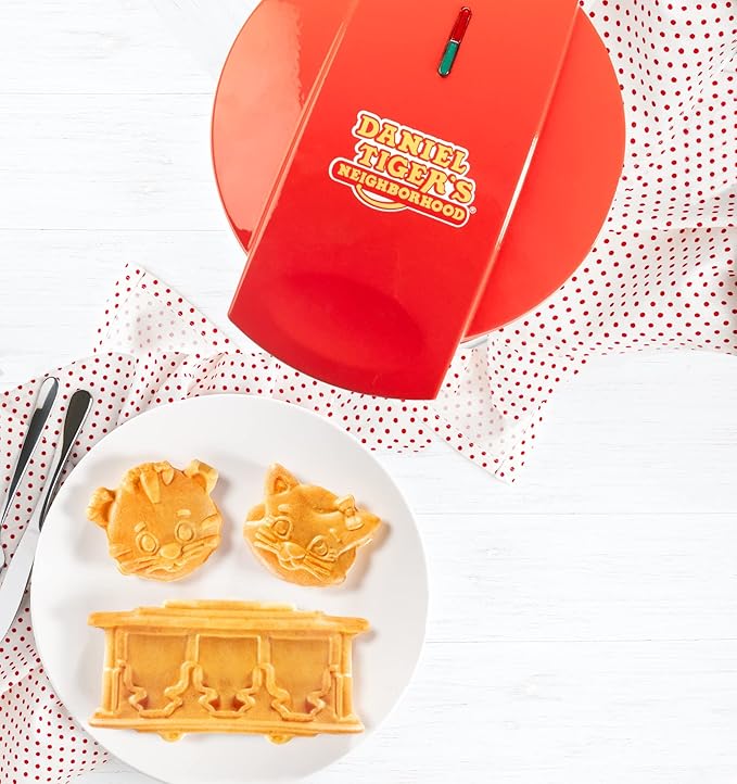 Daniel Tiger Neighborhood Waffle Maker Iron- Electric Nonstick Waffler Feat. 3D Mini Character Shaped Waffles Pancakes- Daniel Tiger, Katerina Kitty Cat & Trolley- Fun Breakfast for Kids - Great Gift