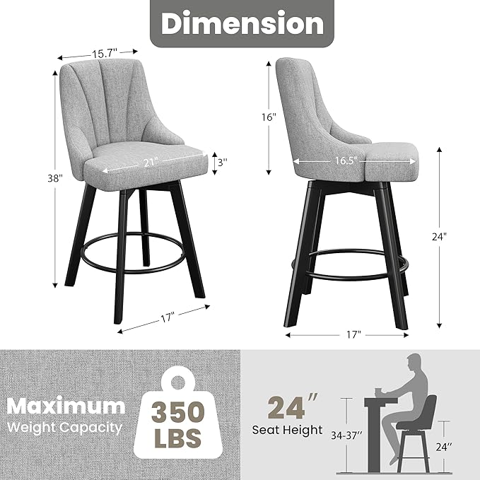 Swivel Bar Stools with Backs, 24" Counter Height Barstools Set of 3, Fabric Upholstered Counter Bar Stools with Solid Wood Legs for Kitchen Island, Home Bar, Light Gray