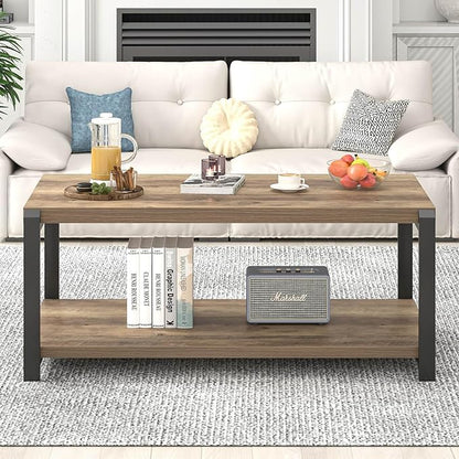 EXCEFUR Modern Coffee Table, Rustic Wood and Metal Center Table for Living Room, Industrial Rectangle Cocktail Tea Table with Storage, Oak