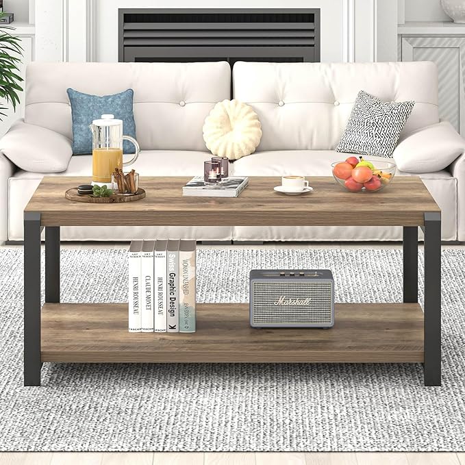 EXCEFUR Modern Coffee Table, Rustic Wood and Metal Center Table for Living Room, Industrial Rectangle Cocktail Tea Table with Storage, Oak