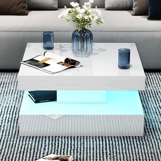 LED Coffee Table for Living Room, Living Room Table 2-Tier Square Center Table, Modern High Glossy Wood Coffee Tables with Storage, 15.7" Tall Tables for Dining Reception, White