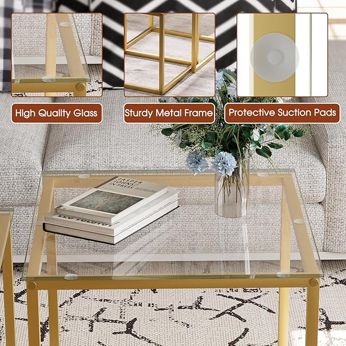VILAWLENCE Coffee Table Set of 2, Modern Gold Glass Side Table, Metal Frame Square End Table, Center Tables Nesting Coffee Table for Living Room,Bedroom and Small Spaces