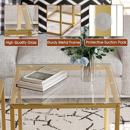 VILAWLENCE Coffee Table Set of 2, Modern Gold Glass Side Table, Metal Frame Square End Table, Center Tables Nesting Coffee Table for Living Room,Bedroom and Small Spaces