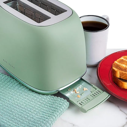 Rae Dunn Retro Rounded Bread Toaster, 2 Slice Stainless Steel Toaster with Removable Crumb Tray, Wide Slot with 6 Browning Levels, Bagel, Defrost and Cancel Options, Sage
