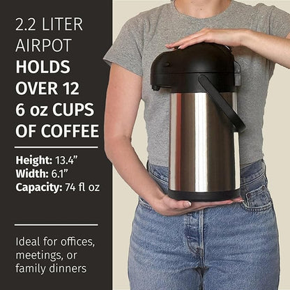 Thermal Coffee Carafe 74Oz, Keeps Drinks Hot for 12Hrs & Cold for 36Hrs, Insulated Stainless Steel Coffee Carafe for Hot Drinks, Easy One-Handed Dispensing for Office, Home, Party, Durable Tea Flask