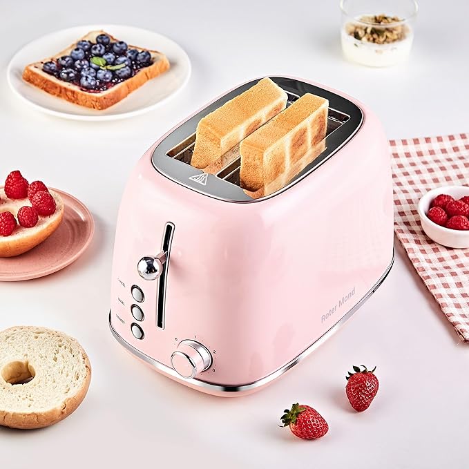 Roter Mond 2 Slice Toaster Retro Stainless Steel with Bagel, Cancel, and Defrost Functions, 6 Bread Shade Settings, Extra Wide Slots and Removable Crumb Tray, Pink