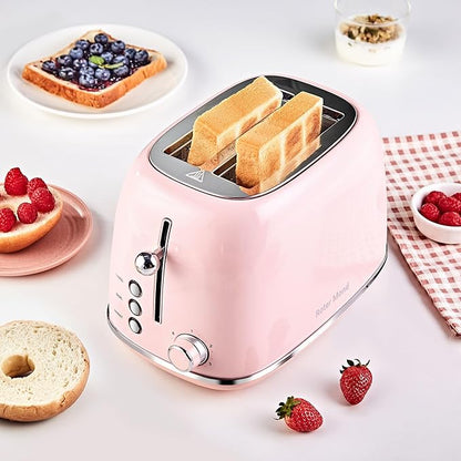 Roter Mond 2 Slice Toaster Retro Stainless Steel with Bagel, Cancel, and Defrost Functions, 6 Bread Shade Settings, Extra Wide Slots and Removable Crumb Tray, Pink