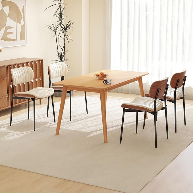 Modern PU Leather Dining Room Chairs Set of 4, Upholstered Kitchen Chairs with Curved Wood Backrest and Metal Legs Adjustable Feet for Kitchen Dining Room(Beige)