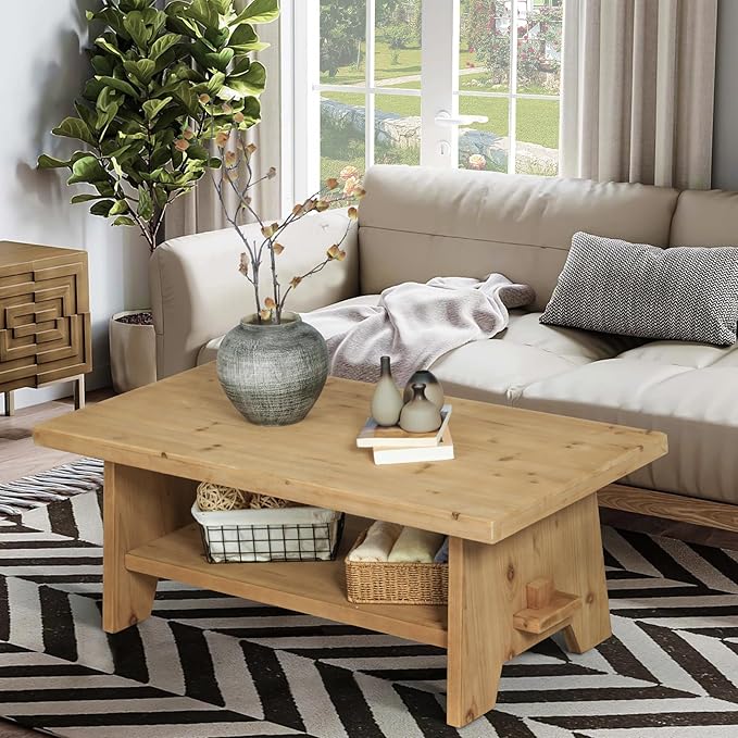 Farmhouse Wood Coffee Table - 43.4” Mid Century Modern Wooden Coffee Tables for Living Room, Solid Firwood Tabletop Rectangle Coffee Table, Center Table for Living Room, Natural Wood Color