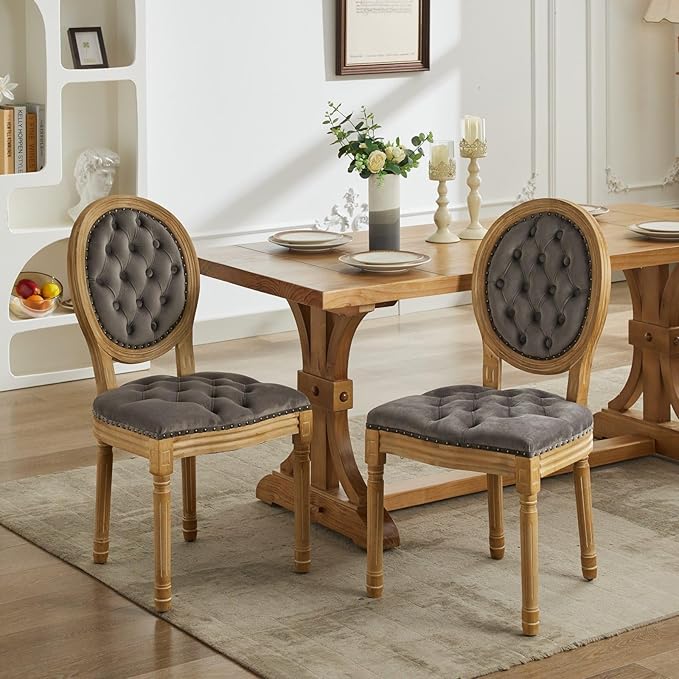 French Country Dining Chairs Set of 8, Vintage Wooden Dining Chairs with Fabric Upholstered Tufted Seat,Solid Wood Legs&Frame, Farmhouse Kitchen&Living Room Chairs(Gray,8 Pcs)